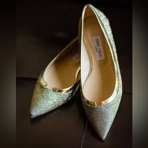 USED Auth Jimmy Choo Imogen Flat bronze silver fabric wedding size 9.5 EU 40
